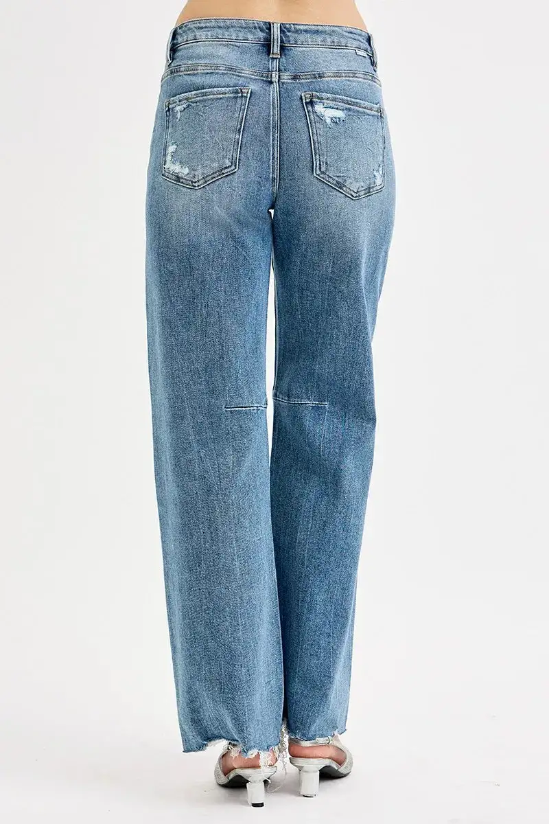 Full Size Mid Rise Fit Wide Baggy Leg Tie Washed Jeans Plus Size