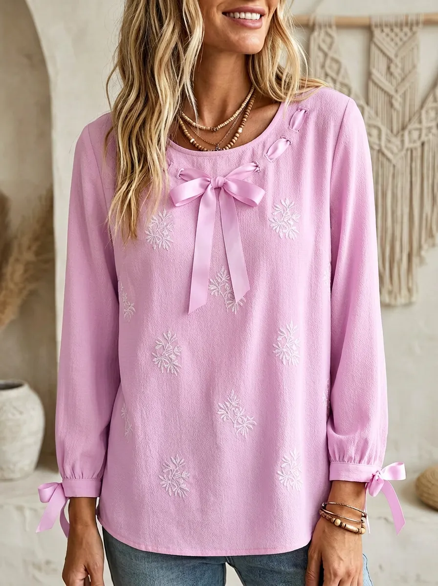 Women's Round Neck Bow-detail Gathered Cuff Blouse