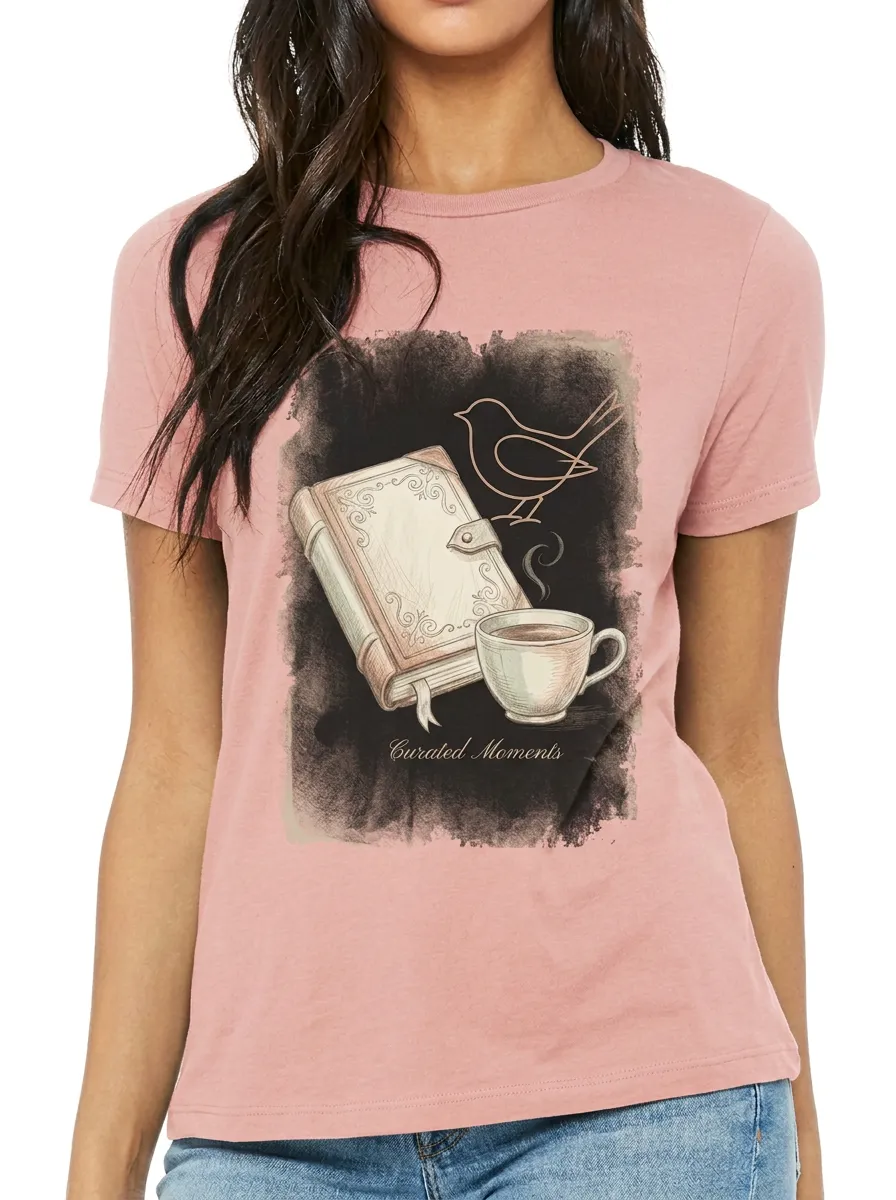 Women's Book Lover Coffee Bird Curated Moments Printed T-shirt