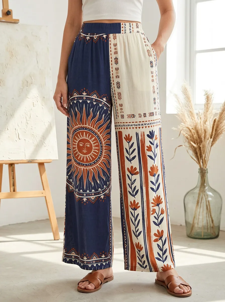 Women's Bohemian Sun Floral Printed Wide Leg Pants