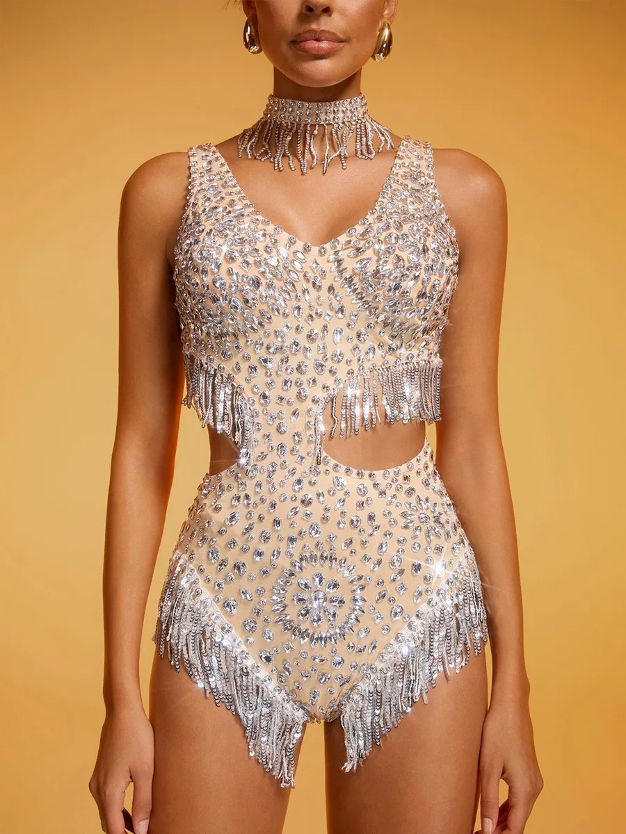 Anastasia Crystal Fringe Cutout Bodysuit In Silver