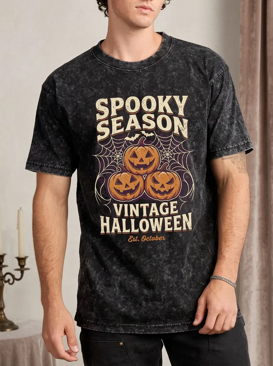 Men's Spooky Season Vintage Halloween Pumpkin Spiderweb Printed T-shirt