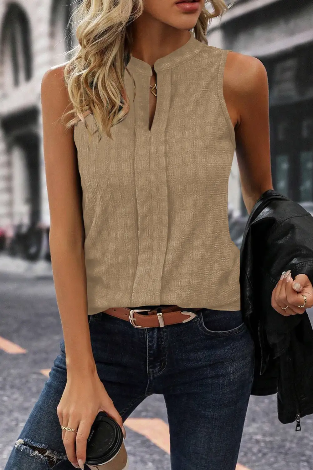 Light French Lattice Textured Split Neck Tank Top