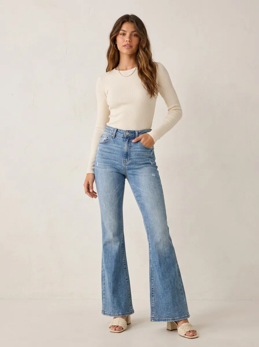 Women's Vintage Wash Distressed Flare Denim Jeans