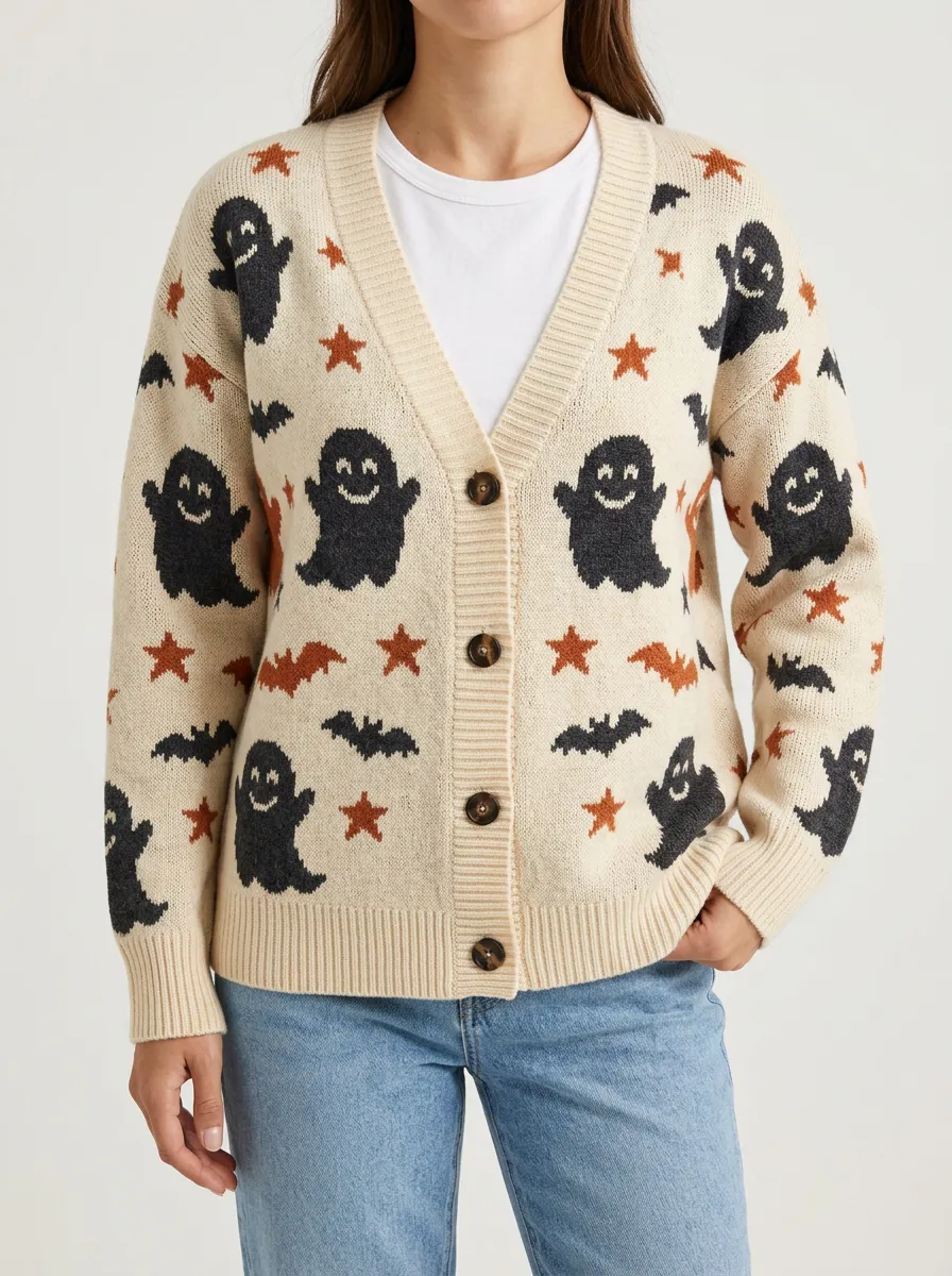 Women's Halloween Ghost Bat Star Patterned Knitted Cardigan