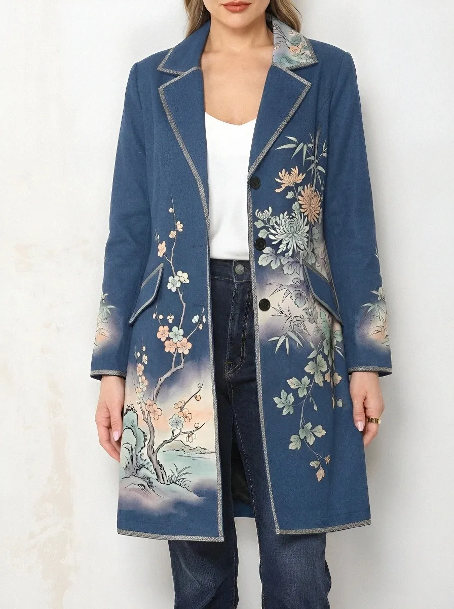 Women's Oriental Floral Landscape Printed Long Blazer Coat
