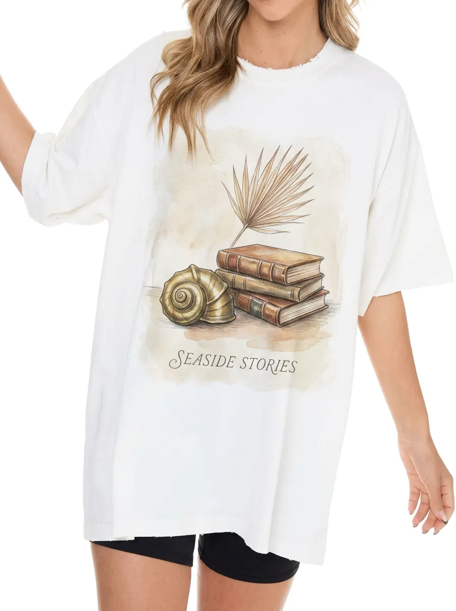 Women's Book Lover Seaside Stories Seashell Palm Printed T-shirt