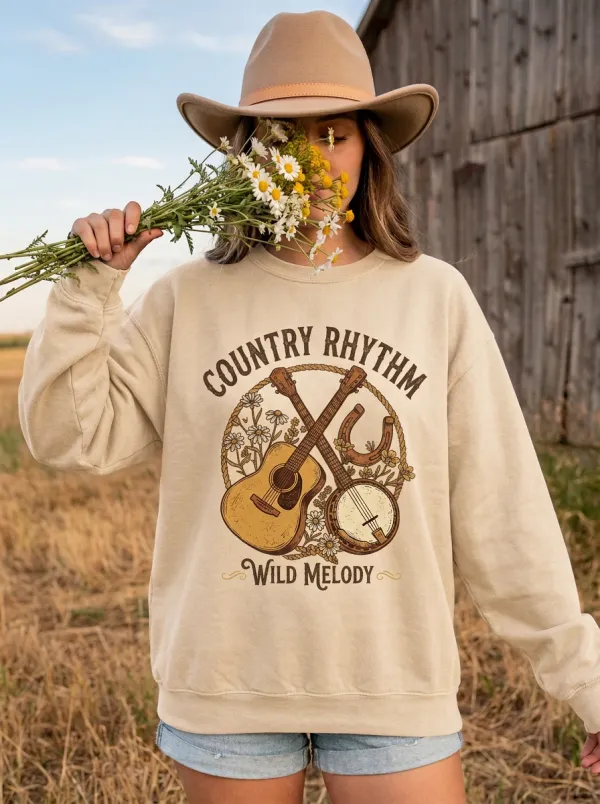 Western-Inspired Casual-Look Women's Country Music Crewneck Sweatshirt
