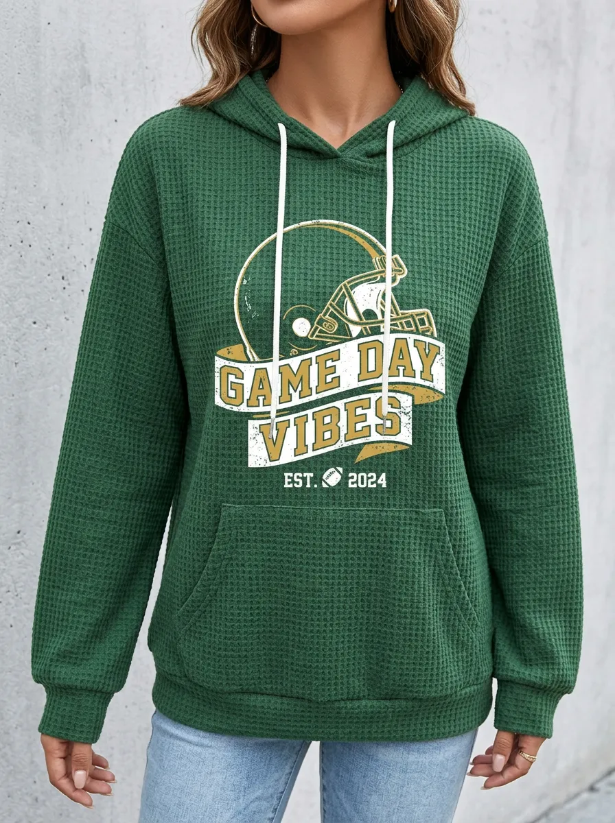 Women's Football Lover Game Day Vibes Helmet Graphic Waffle Hoodie