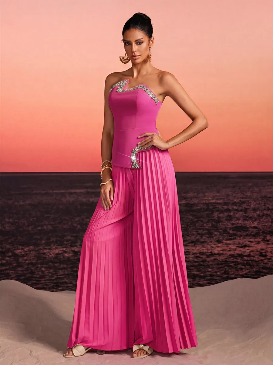 Zora Strapless Crystal Pleated Pants Set