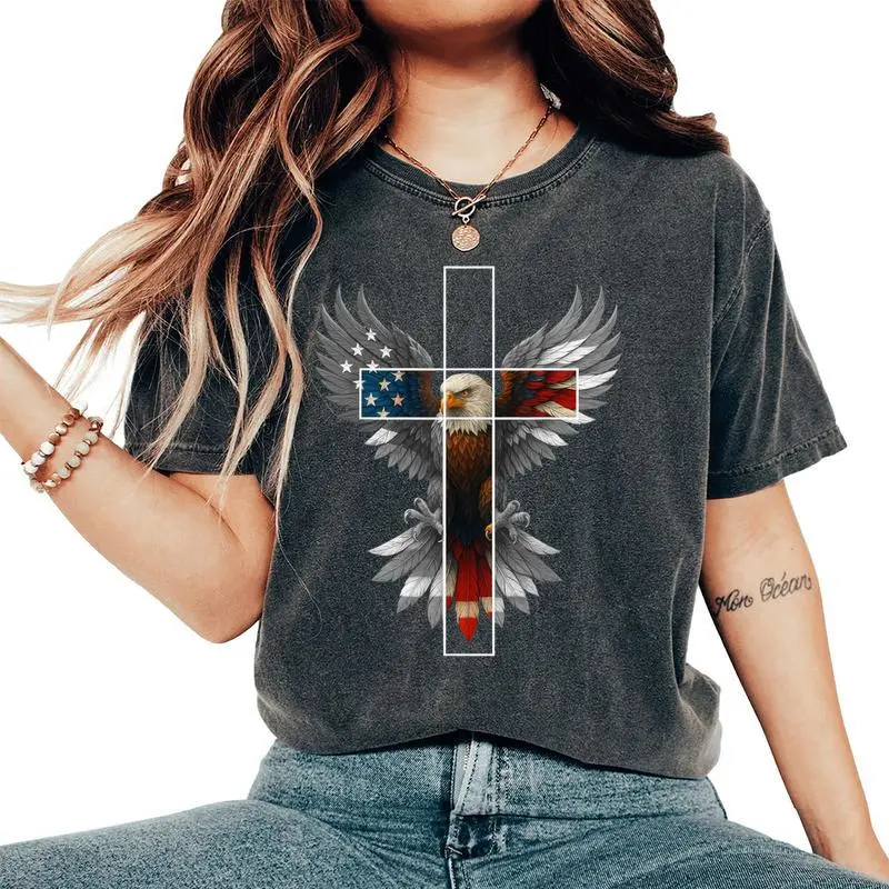 American Flag Eagle Cross Christian 4Th Of July Patriotic Women's Oversized Comfort T-Shirt