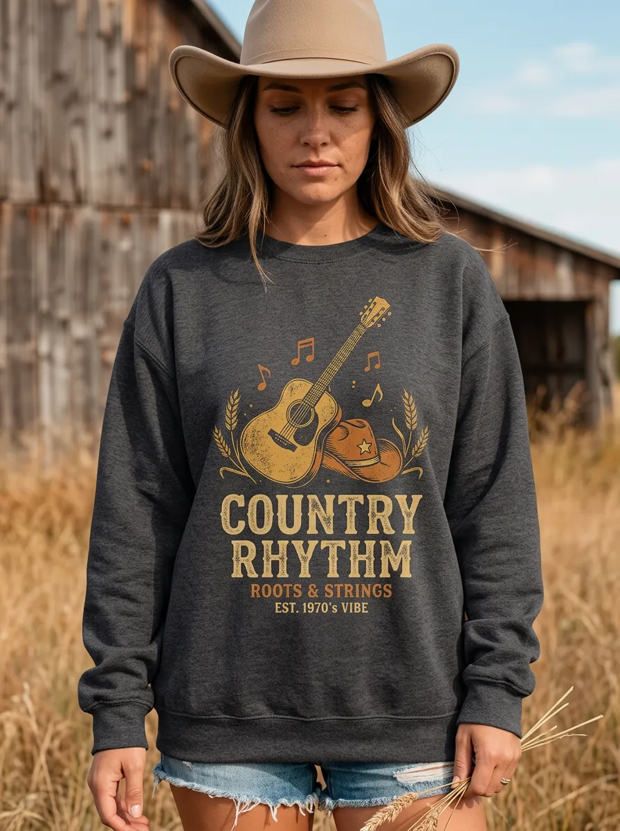 Guitar Cowboy-Hat Country Music Crewneck Sweatshirt
