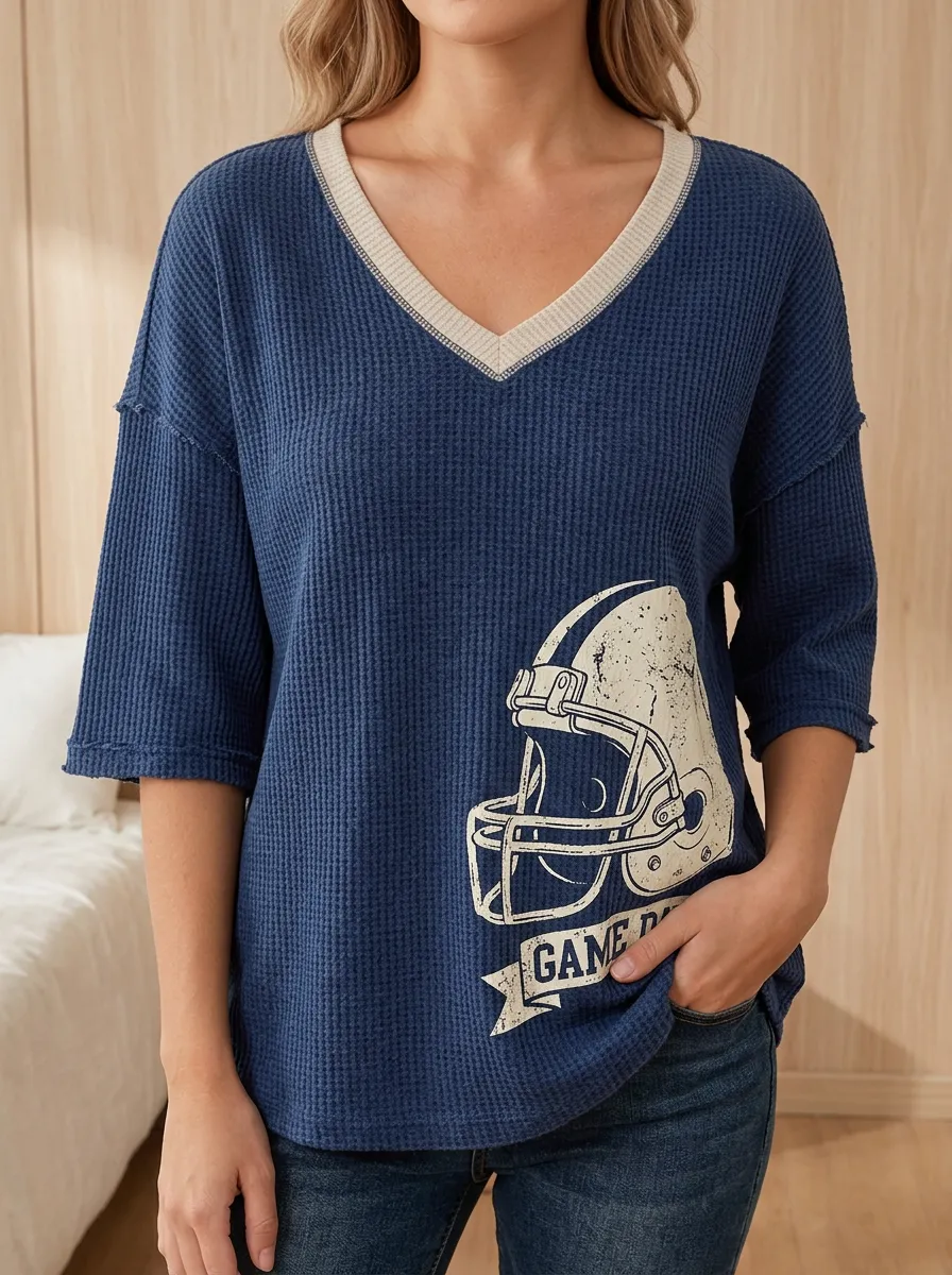 Women's Varsity Football Fan Game Day Helmet Printed Waffle Top