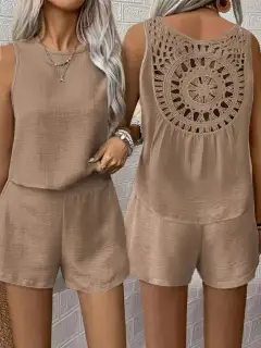 Round-Neck Lace Shorts Matching Set