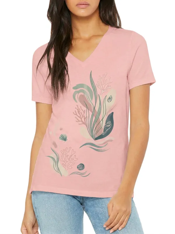Women's Beach Lover Coral Sea Shell Abstract Printed V-neck T-shirt