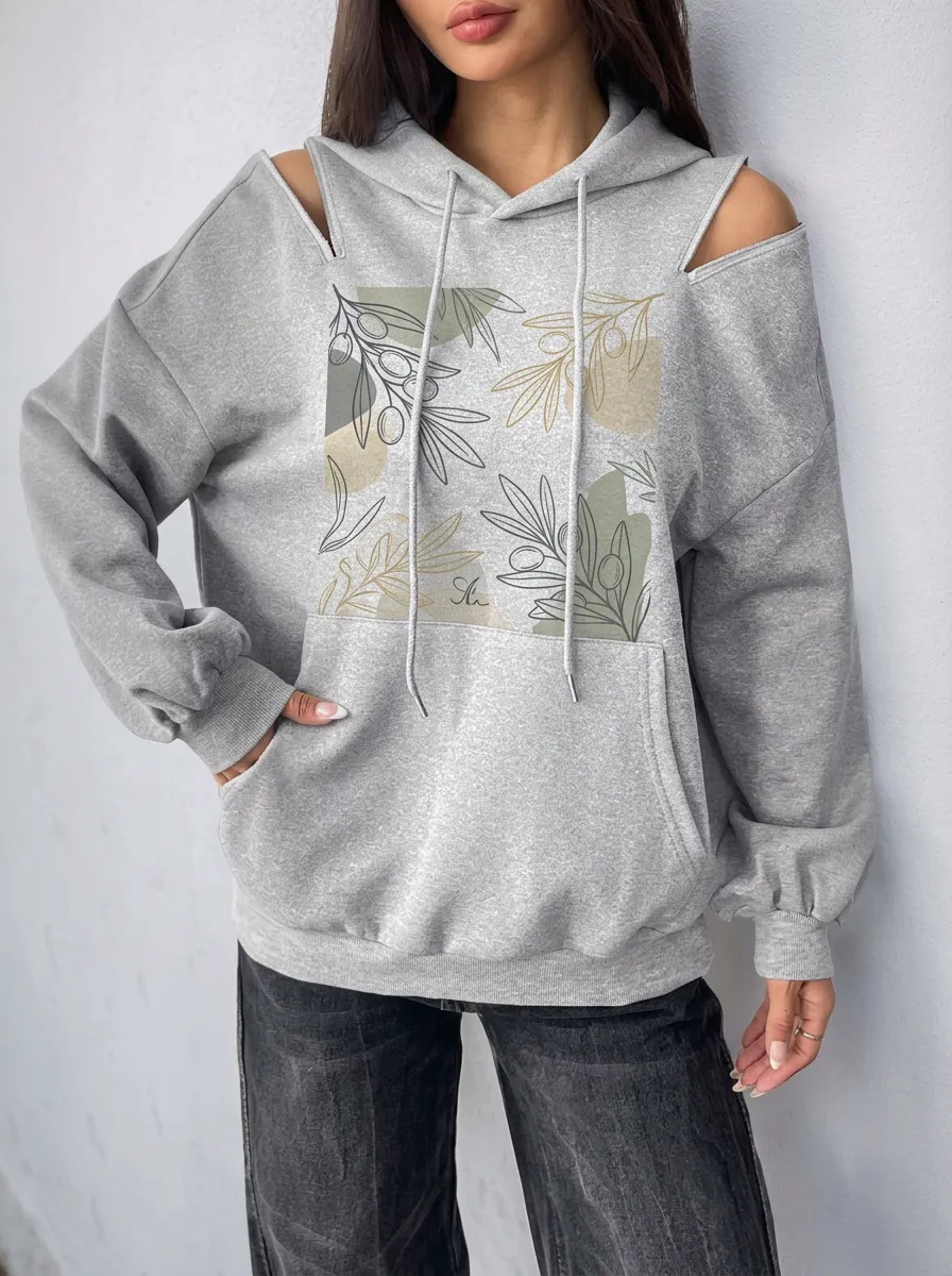 Women's Botanical Olive Branch Abstract Printed Cold Shoulder Hoodie
