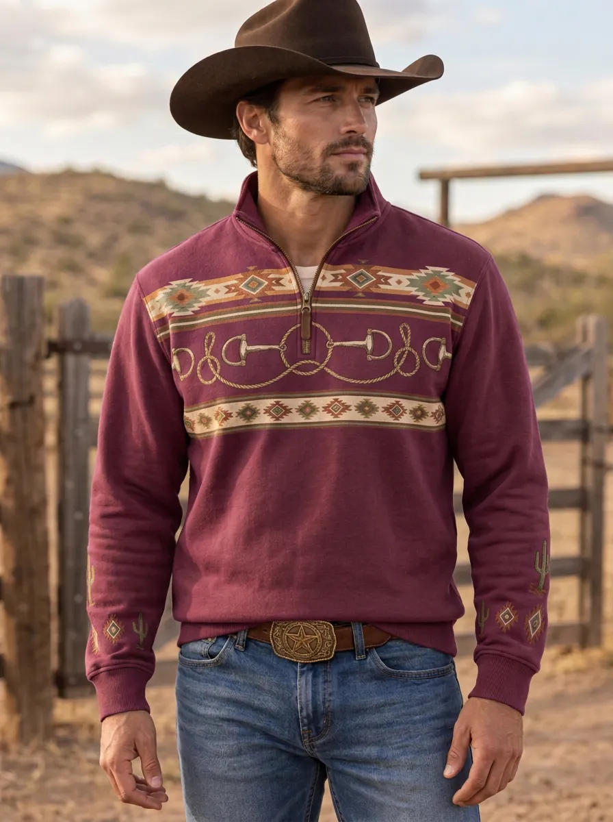 Men's Classic Western Cowboy Horse Cactus Quarter-Zip Sweatshirt