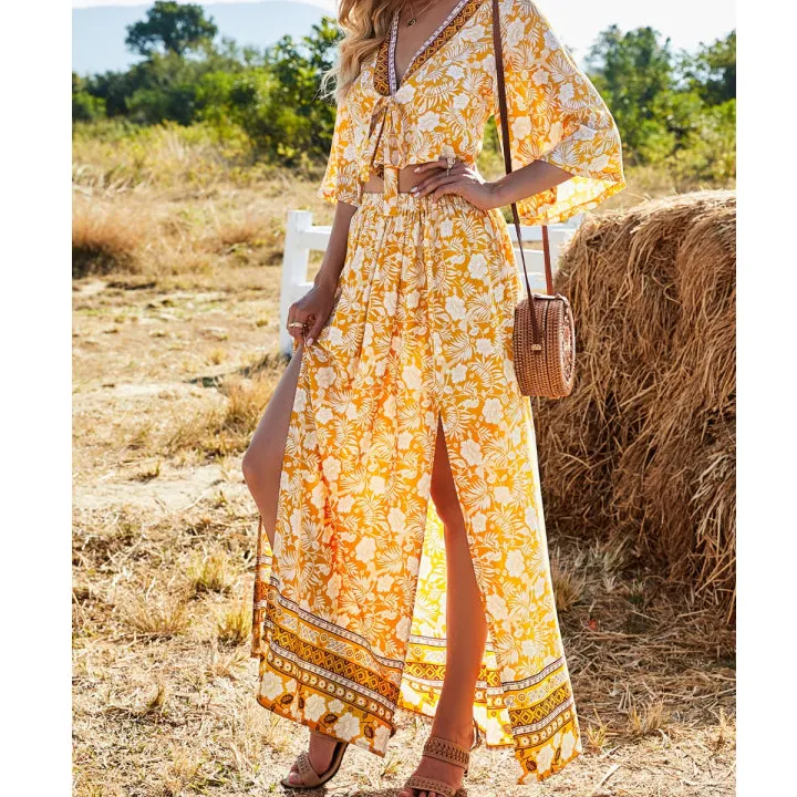 Refined Printed Half Sleeve Top And Slit Skirt Set
