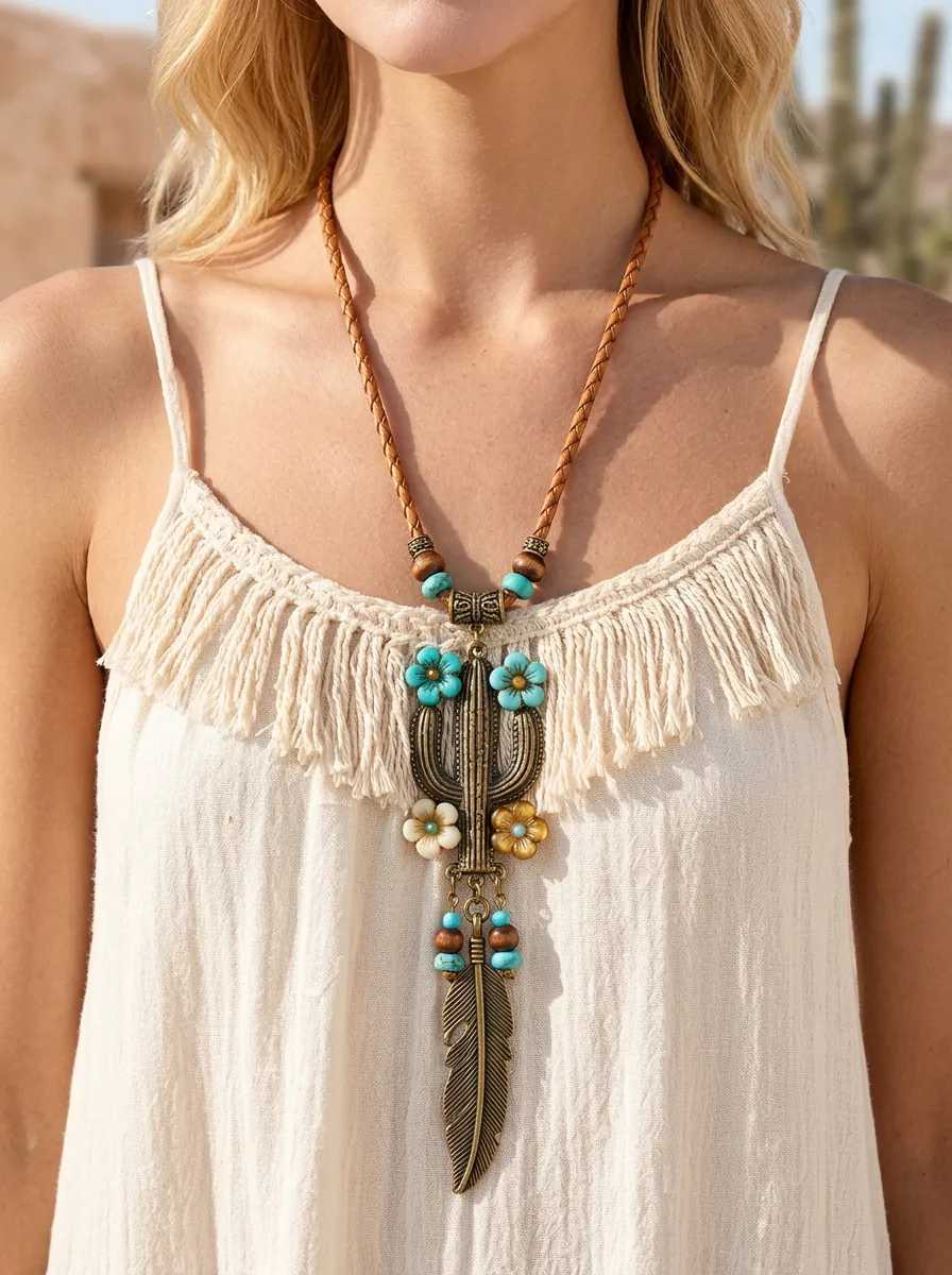 Cactus Floral Desert Feather Western Pendant Necklace