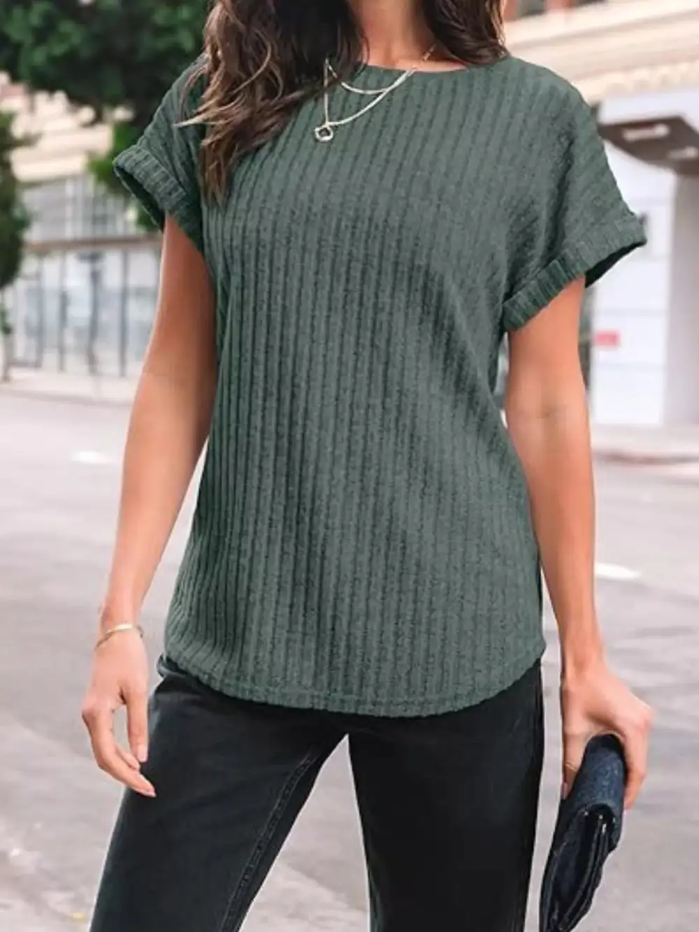 Casual Ribbed Knit Short Sleeve T Shirt