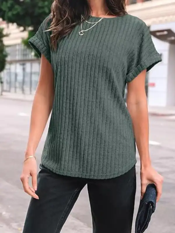 Casual Ribbed Knit Short Sleeve T Shirt
