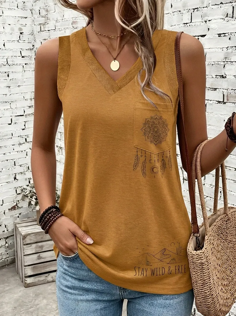 Women's Boho Mandala Dreamcatcher Printed V-Neck Tank Top