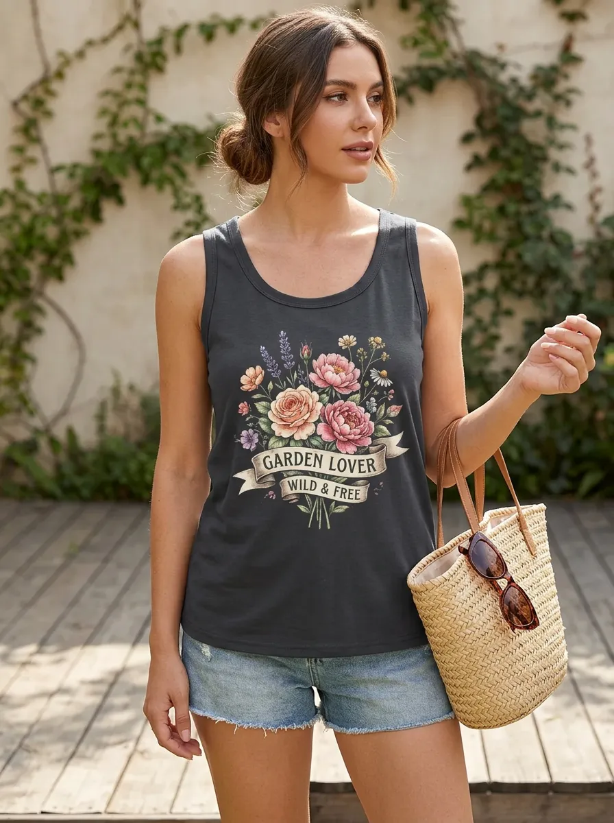 Garden Lover Wild and Free Floral Bouquet Ribbed Tank Top