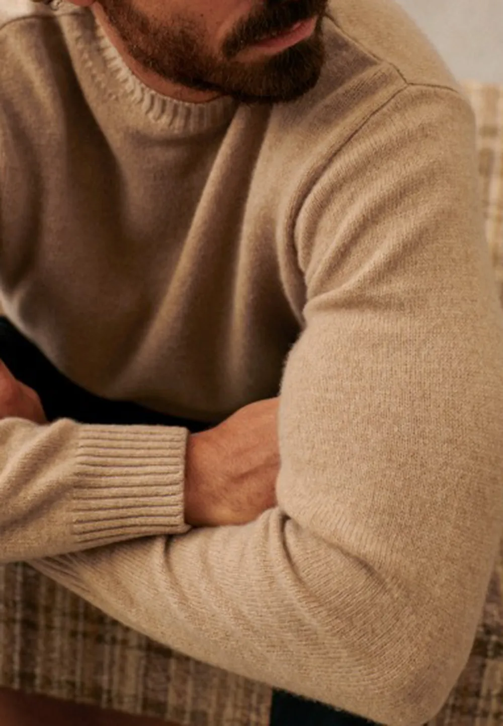 Light Beige Solid Knit Crew Neck Sweater