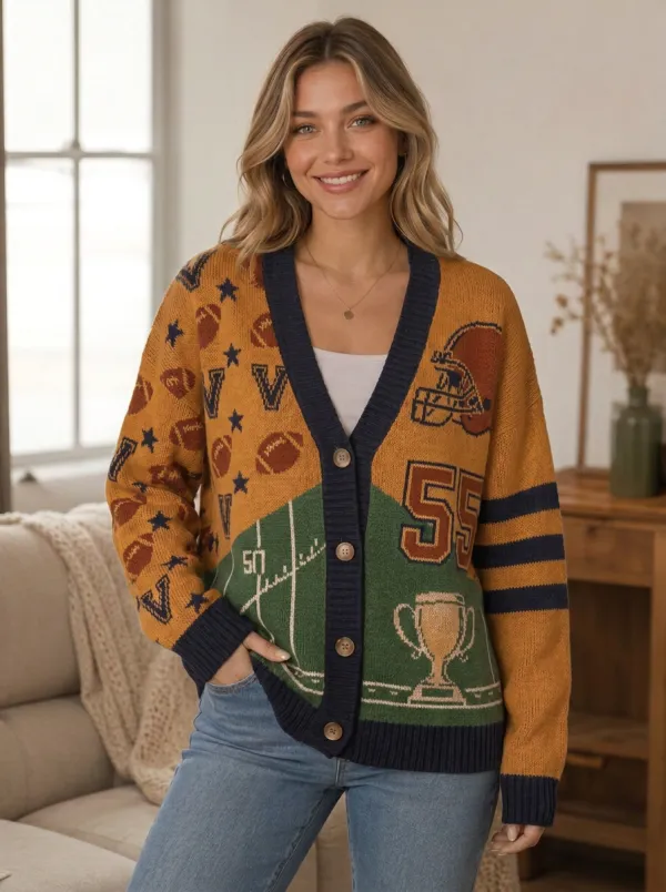 Women's Vintage Inspired Gridiron Helmet Trophy Ball Knit Cardigan