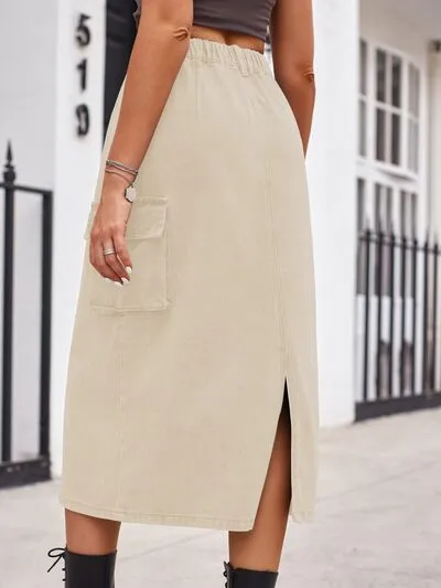 Relaxed Slit Buttoned Denim Pockets Skirt