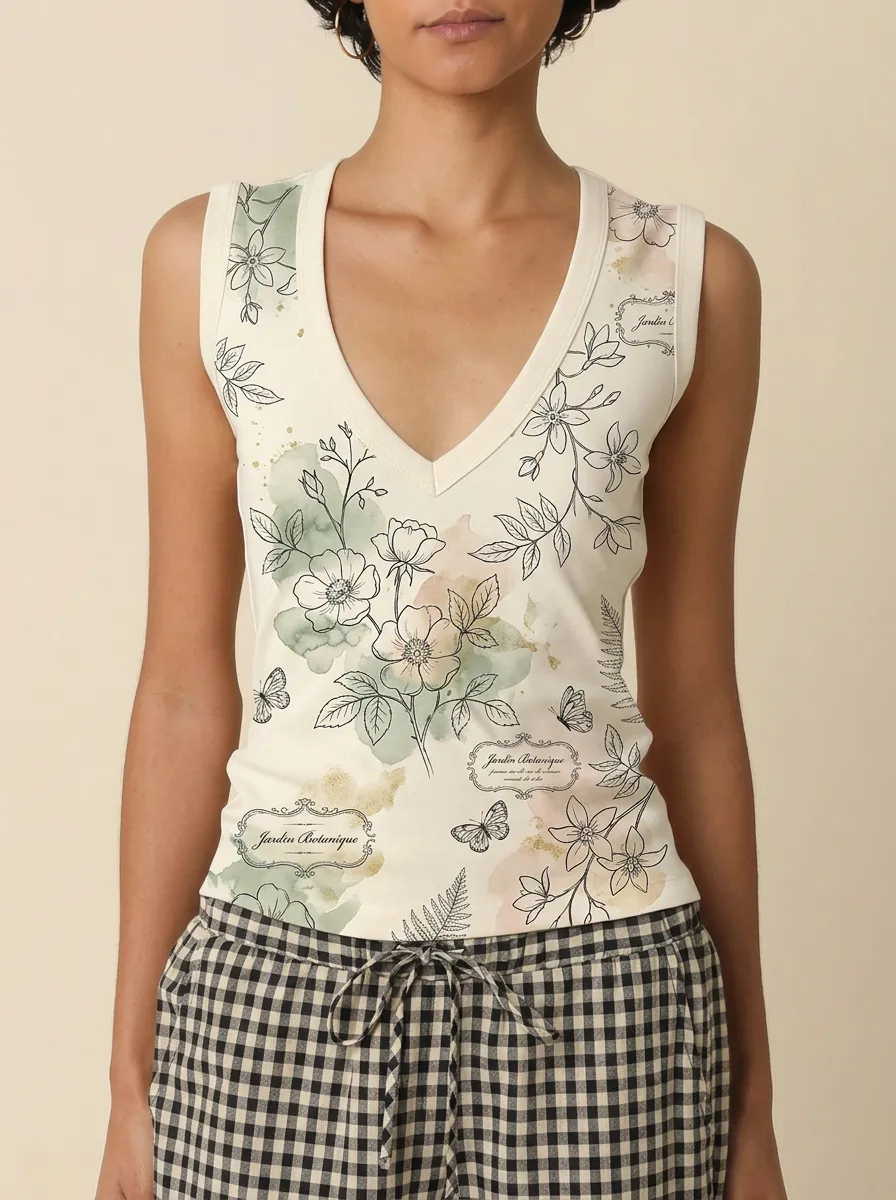 Women's Botanical Garden Butterfly Floral Printed V-neck Tank Top