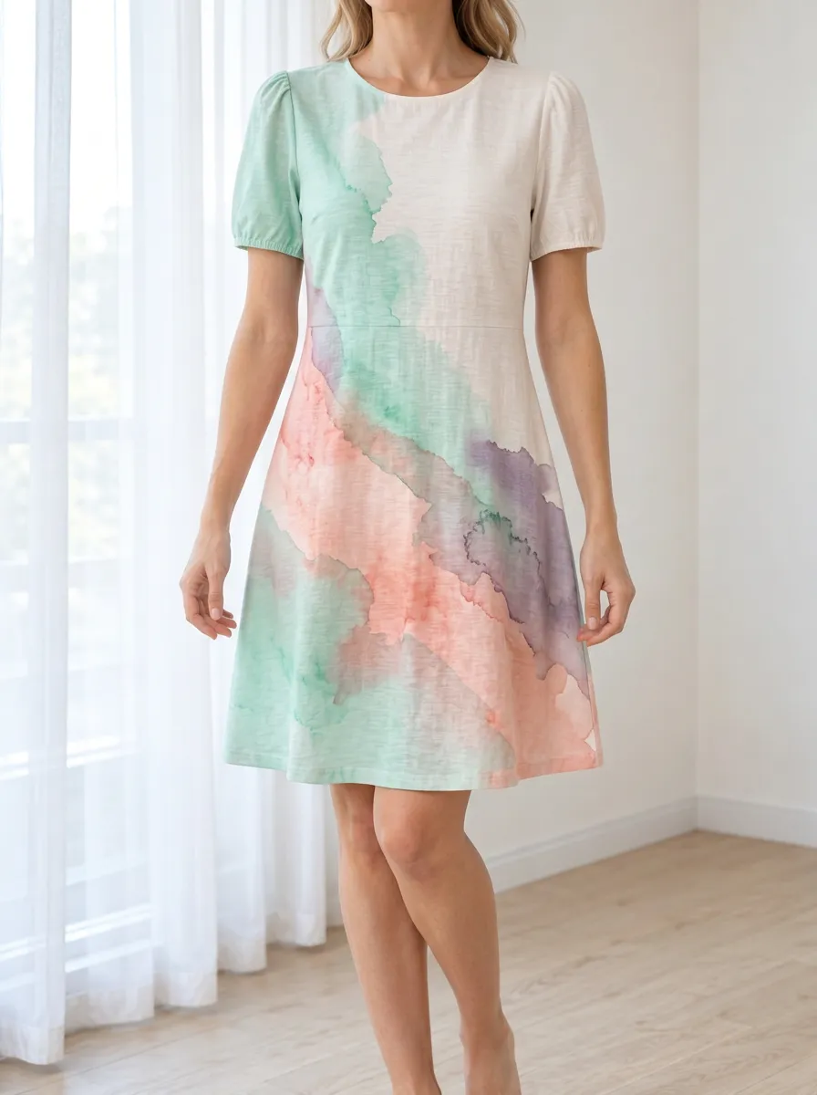 Women's Watercolor Print Puff Sleeve Dress
