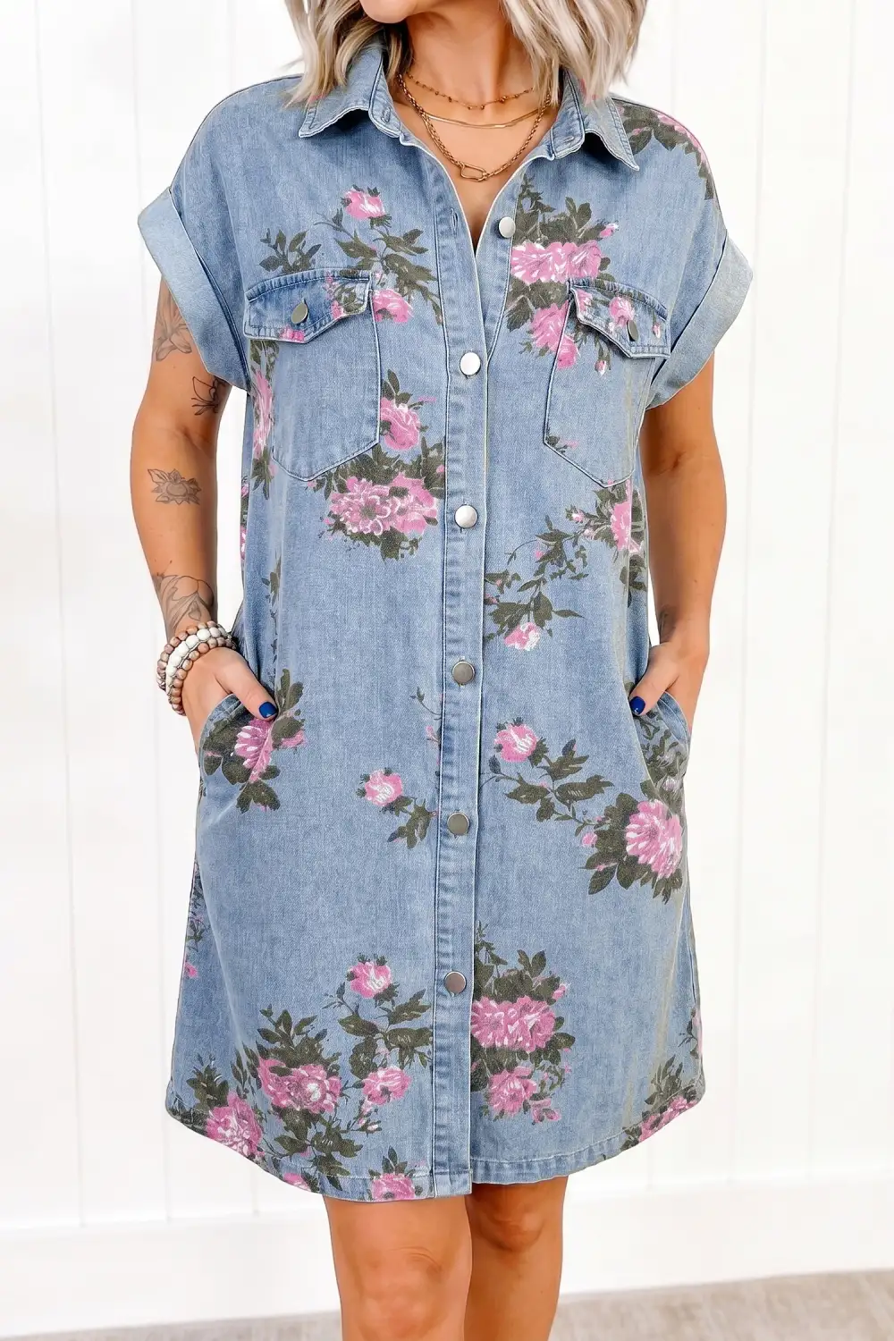 Chic Floral Denim Look Button Front Mini Dress