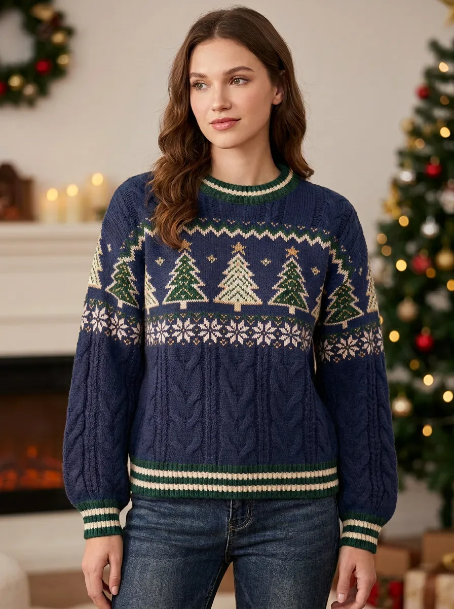 Festive Christmas Holiday Tree Snowflake Pattern Knitted Sweater