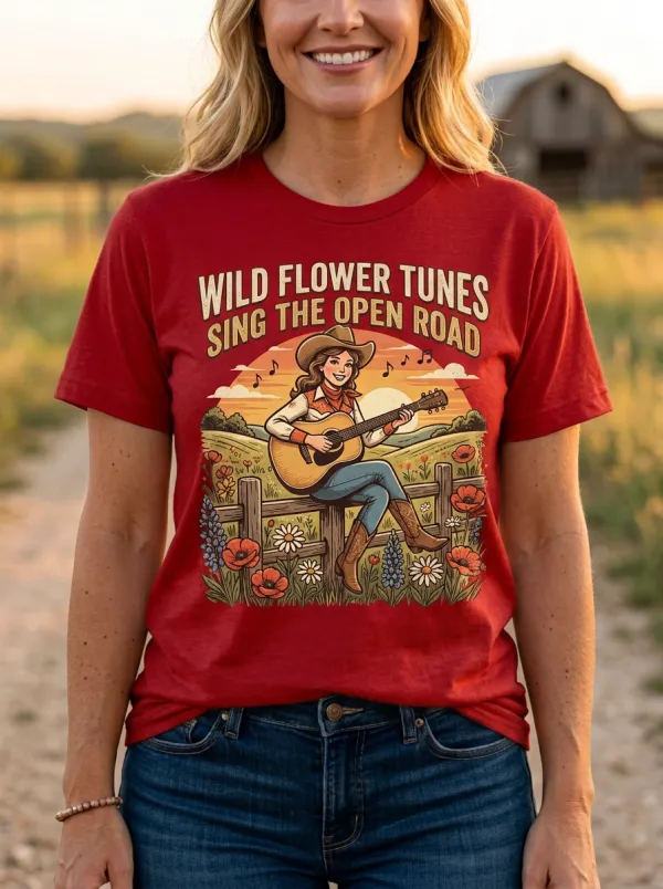Honky-Tonk-Inspired Guitar Wildflower Country Music Crewneck T-Shirt