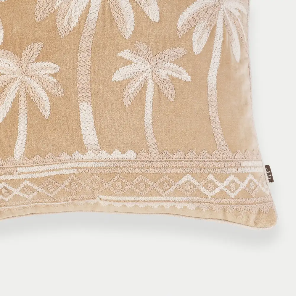Beige Palm Embroidered Cushion Cover