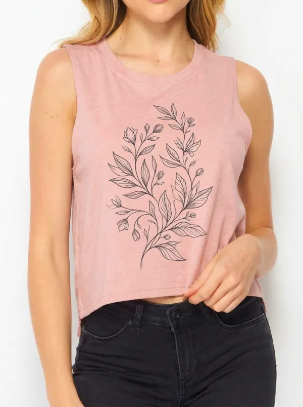 Women's Botanical Nature Lover Floral Line Art Printed Crop Tank Top