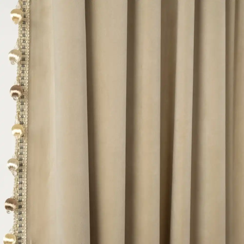 Mid Century Geometric Velvet Light Filtering Rod Pocket Pompom Trim Curtain Panel