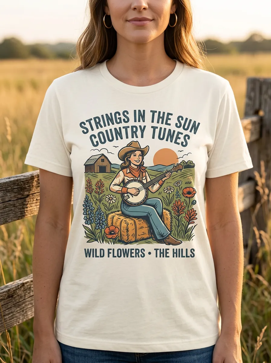 Country Music Banjo Player Wildflowers Crew Neck T-Shirt