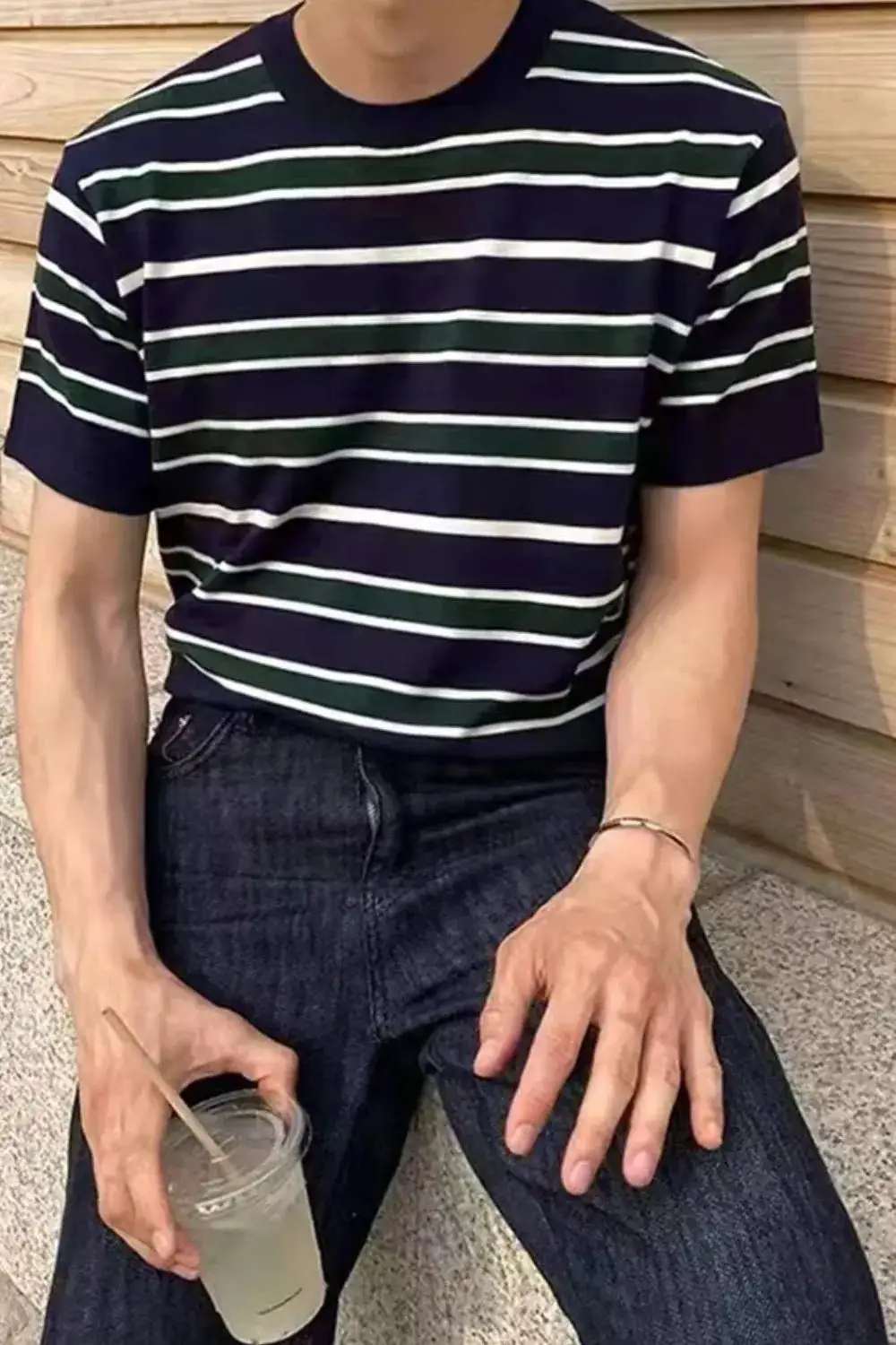 Textured Striped Short Sleeve Crew Neck Tee