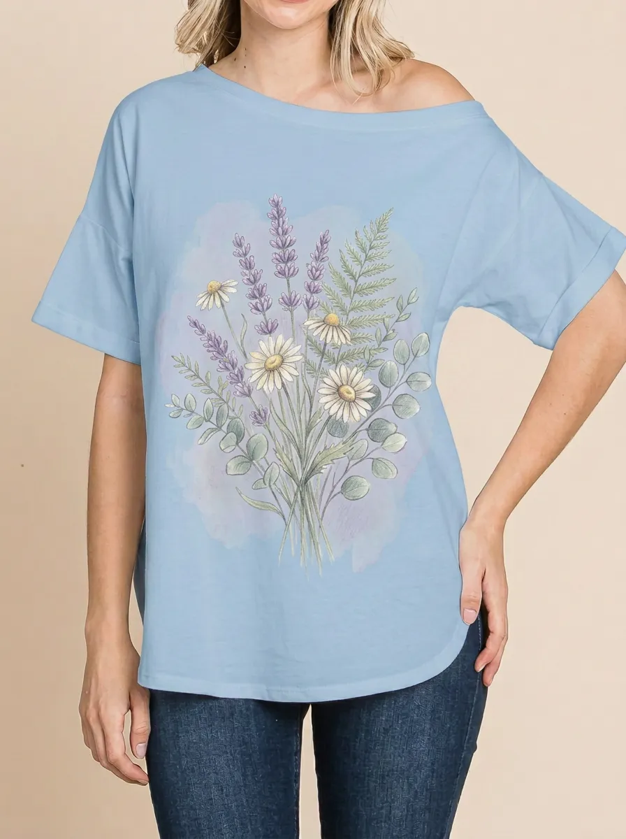 Women's Botanical Nature Lover Lavender Daisy Printed T-shirt