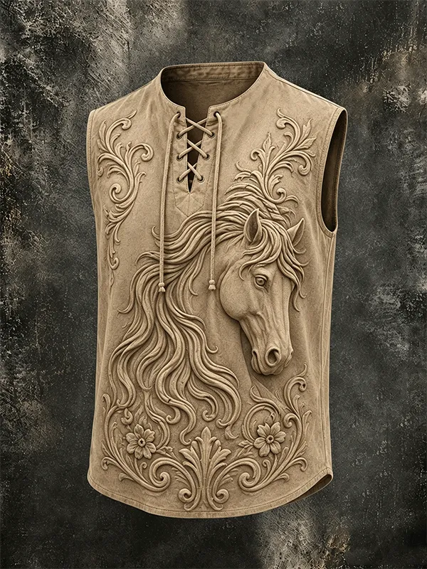 Men's Embossed Horse Floral Print Up Sleeveless Western Vest