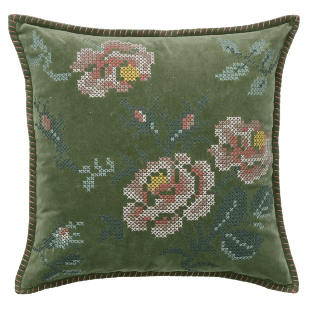 Embroidered Floral Botanical Velvet Square Decorative Cushion Cover