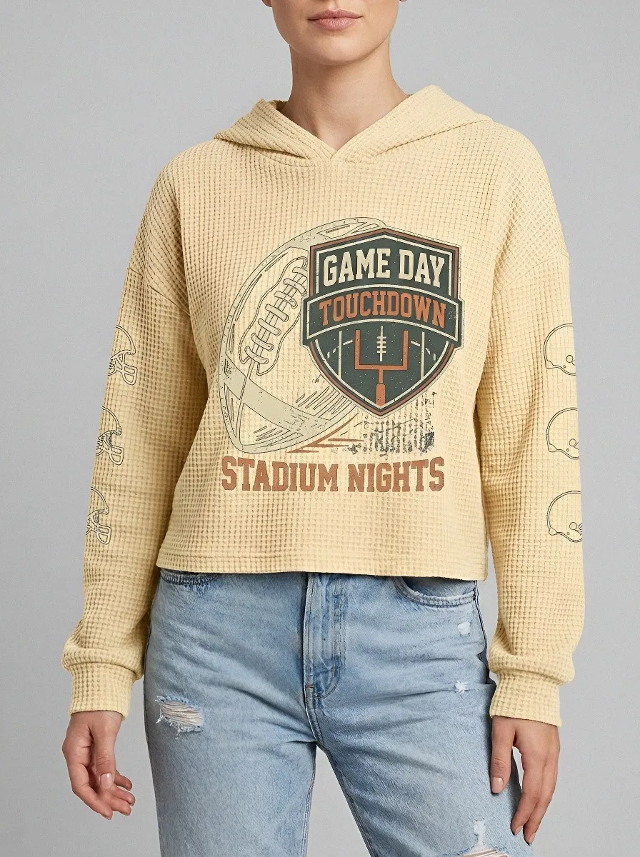 Women's Football Lover Game Day Touchdown Printed Waffle Hoodie