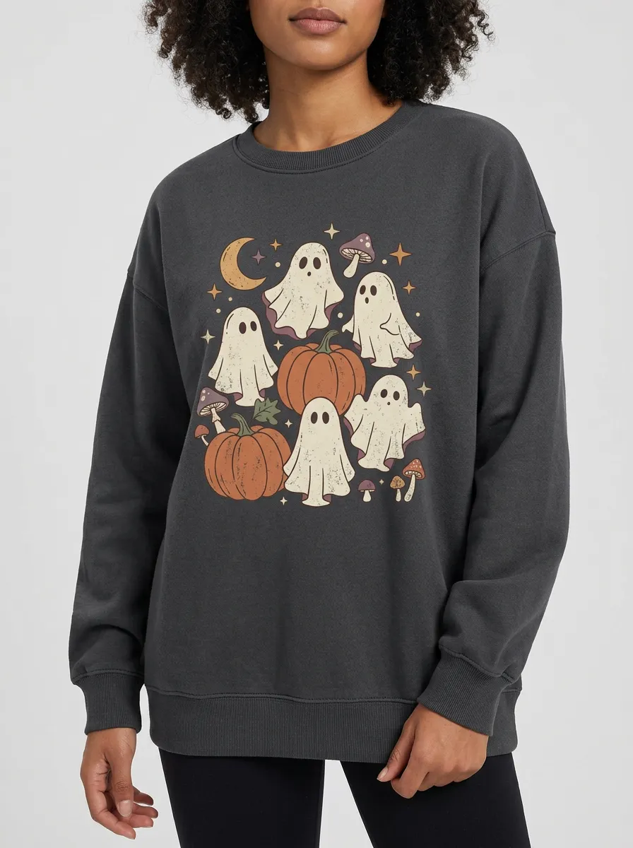 Women's Halloween Ghost Pumpkin Mushroom Printed Sweatshirt