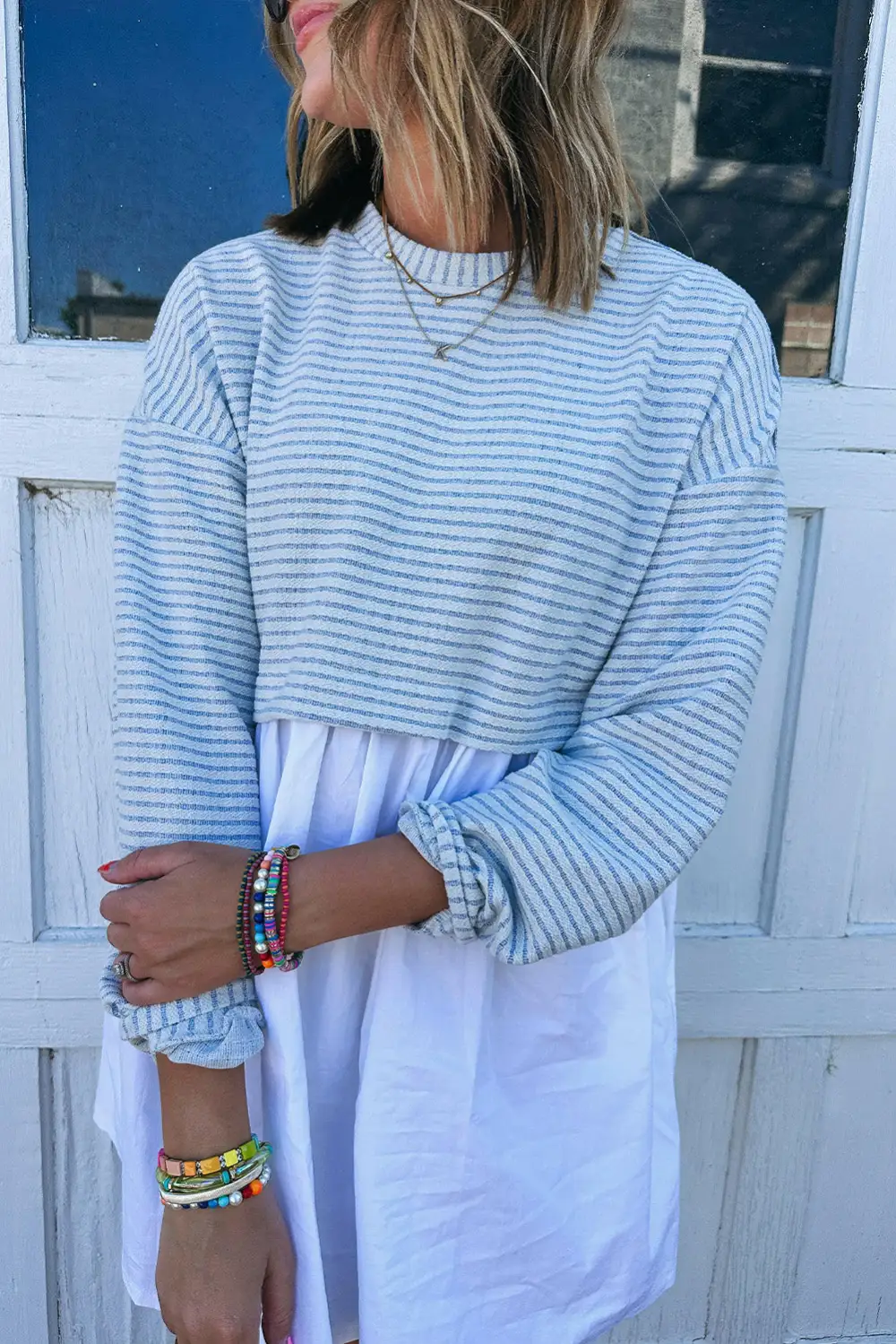 Striped Pleated Mixed Panel Mini Dress