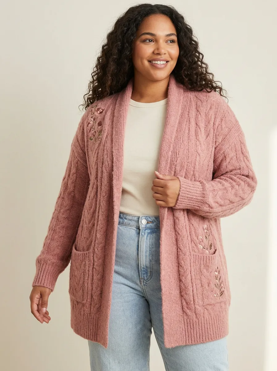 Women's Floral Embroidered Pink Cable Knit Cardigan