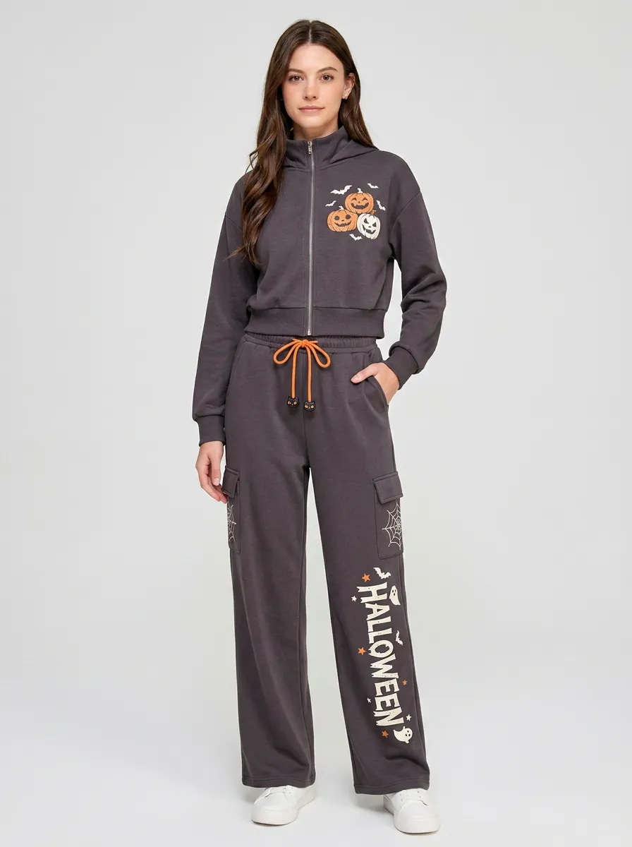Women's Halloween Pumpkin Ghost Printed Zip-up Hoodie Cargo Jogger Set