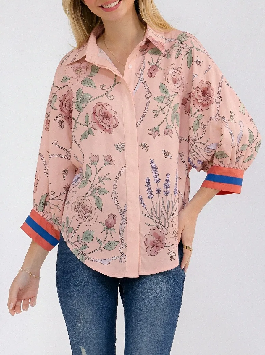 Women's Floral Lavender Chain Printed Button Down Shirt