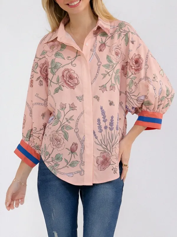 Women's Floral Lavender Chain Printed Button Down Shirt